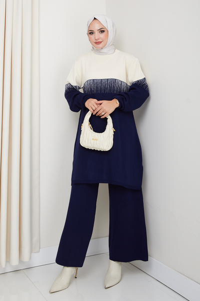 MODAQU Waterway Glitter Knit Tunic Trouser Set - Navy Blue