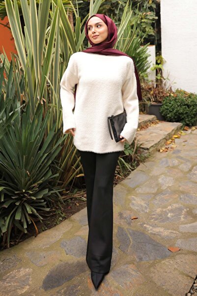 İmajButik Πουλόβερ πλεκτό κρεμ ψηλός λαιμός Angora Yumoş