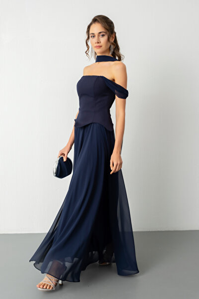 Lafaba Kadın Lacivert Şal Yaka Straplez Söz Nişan Abiye Elbise