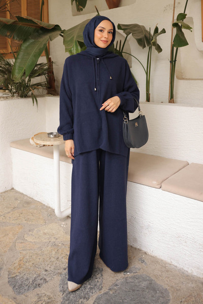 İmajButik Navy Blue Angora Soft Cardigan Pants Set