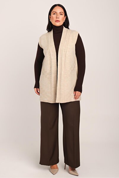 Uludağ Triko Women's Beige Knitwear Knitted Textured Hatuş Winter Mother's Vest