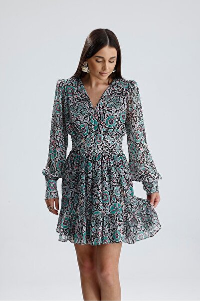 VELİZADE Yeşil Çiçekli Şifon Mini Kloş Çan Modeli Elbise V Yaka Beli Lastikli...