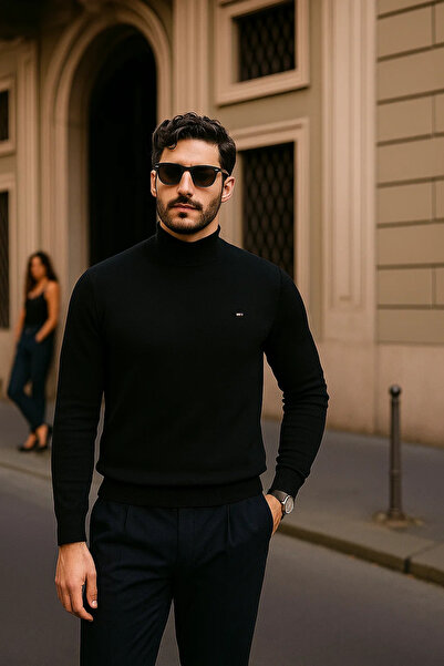 comstar Pulover negru casual pentru bărbați, cu jumătate de gât, cu guler