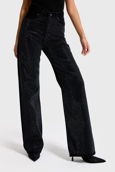 it's basic Women's Black Color T3-1S5-1 Straight Fit High Waist Shiny Sparkling Stone Design Denim Jean