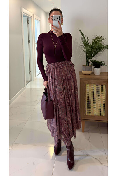 My Blog Burgundy Ethnic Patterned Lined Chiffon Skirt - 251102