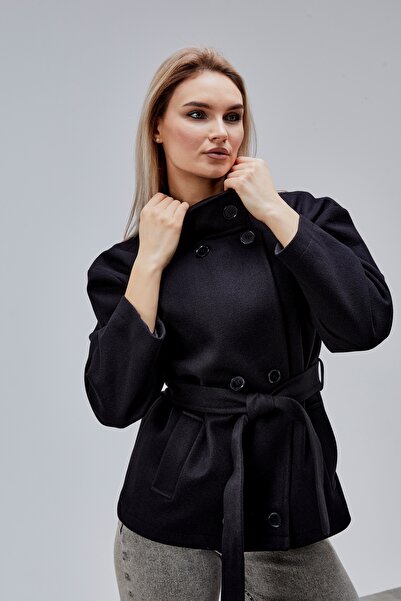 Bolivente Carvella Black Mock Neck Belted Cashmere Jacket