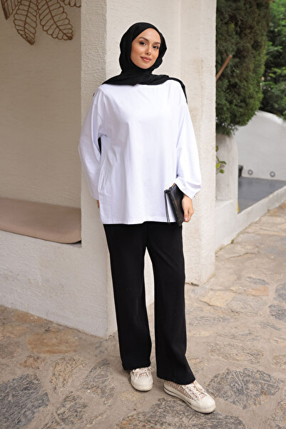 İmajButik Λευκό μπλουζάκι με λαιμόκοψη με oversized μανίκια από λεπτό βαμβακερό χτενισμένο βαμβάκι