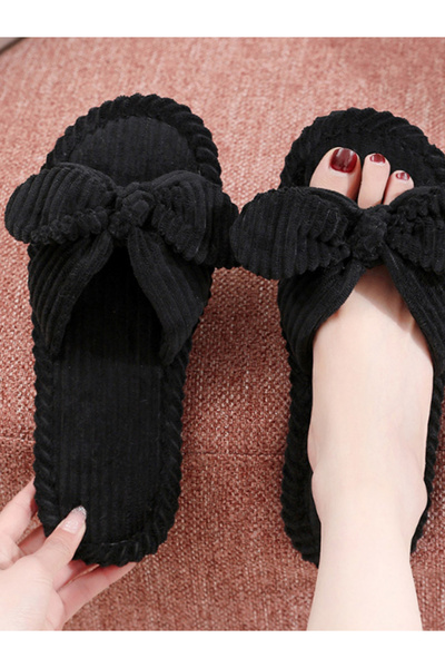 Take Two By Styli Black Corduroy Bowknot Slides