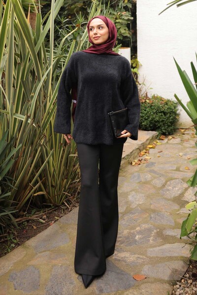 İmajButik Black Mock Neck Angora Soft Knit Sweater