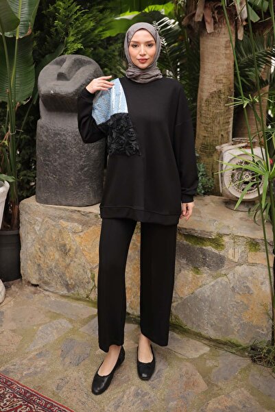 İmajButik Black Denim Paneled Modal Tunic Trouser Suit