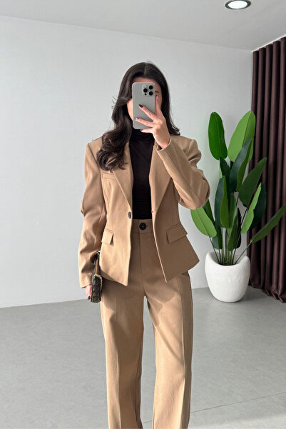 My Blog Camel Single Button Pencil Jacket Pants Set - 9480