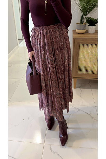 My Blog Burgundy Ethnic Patterned Lined Chiffon Skirt - 251102