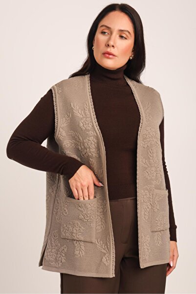 Uludağ Triko Women's Sand Embossed Floral Pattern Pocketed Knitwear Knitted Mother Vest