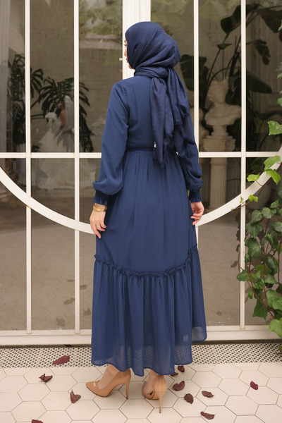 İmajButik Navy Blue Skirt Layered Belted Chiffon Dress