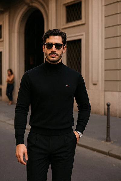 comstar Pulover negru casual pentru bărbați, cu jumătate de gât, cu guler