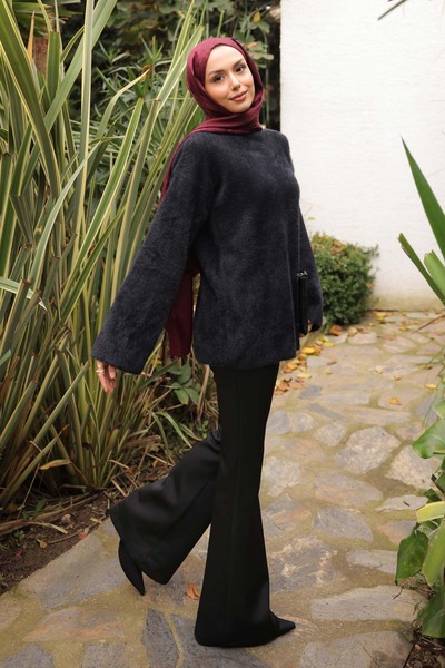 İmajButik Black Mock Neck Angora Soft Knit Sweater