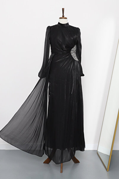 İmajButik Black Sleeve Elasticated Stone Detailed Evening Dress