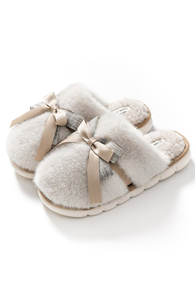Take Two By Styli Grey Furry Bedroom Slippers with Bow