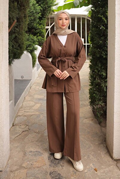İmajButik Brown Waist Belted Linen Tunic Trouser Set