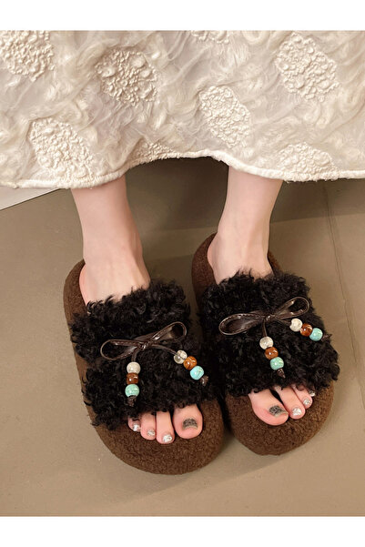 Take Two By Styli Plush Slides with Beaded Bow