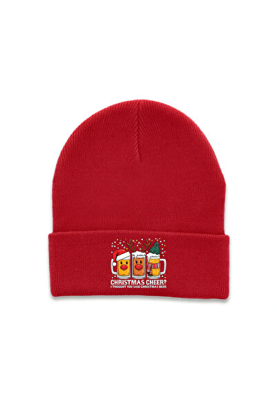 MODA 2026 Christmas New Year Printed Red Folded Winter Hat Beanie