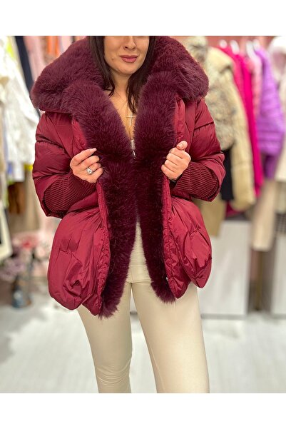 Brielle Women's Quilted Puffer Jacket with Knitted Sleeves and Detachable Fur - Premium