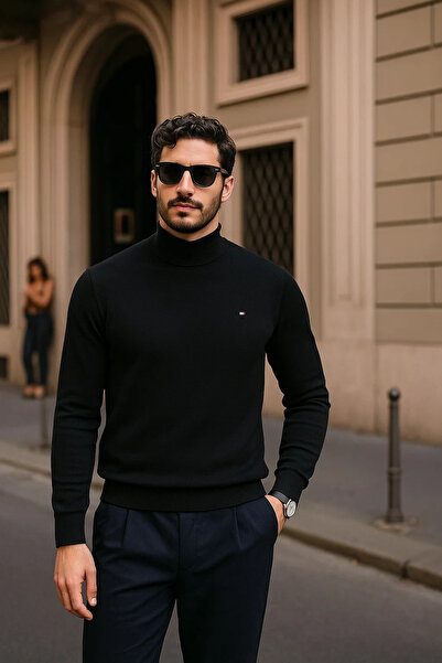 comstar Pulover negru casual pentru bărbați, cu jumătate de gât, cu guler