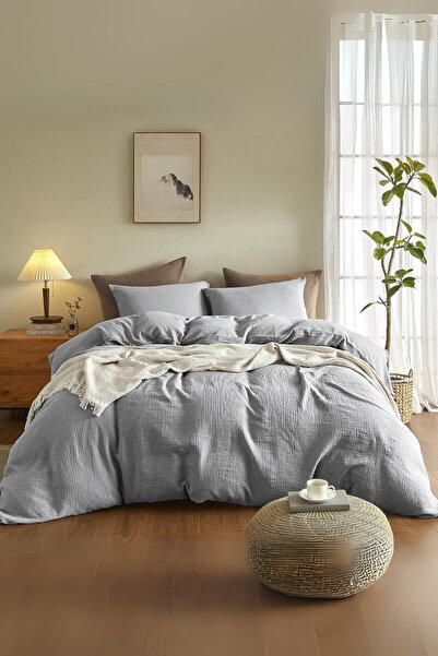 Valoroso Tekstil 100% Cotton Muslin Duvet Cover Set with Elastic Fitted Sheet and Pillowcases for Single Bed