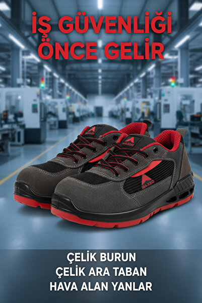 MAXEO İş Güvenliği Güvenlik Ayakkabısı Cırtlı Çelik Demir Burunlu Çelik Ara Tabanlı Gri Süet Ayakkabı