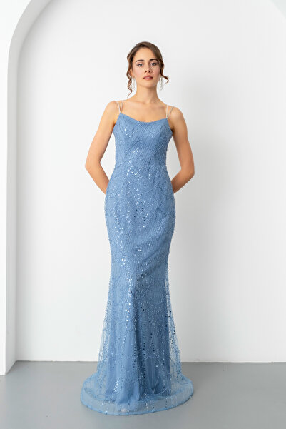 Lafaba Kadın İndigo Askılı Boncuklu Uzun Balık Abiye Elbise