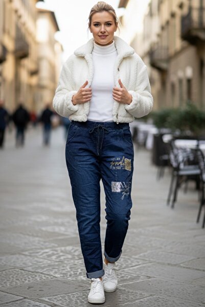 Chiccy Italian Jean Blue Pocketed Varak B Printed Elasticated and Tied Waist Lycra Denim Trousers 100 55