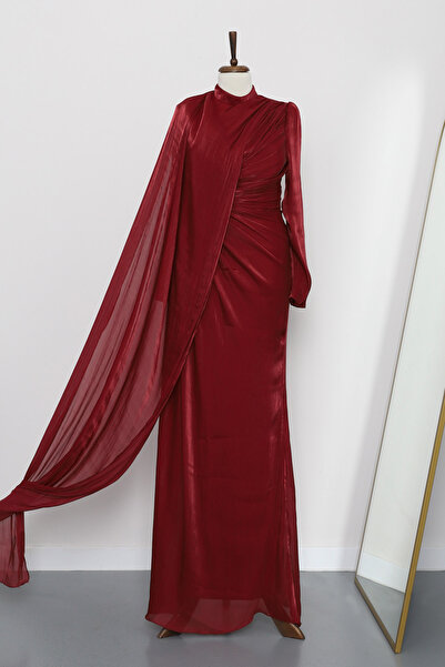 İmajButik Burgundy Gathered Front Evening Dress
