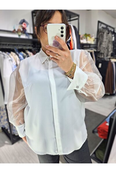 Ayşen Butik Büyük Beden Organze Kol Detaylı Gömlek - Beyaz