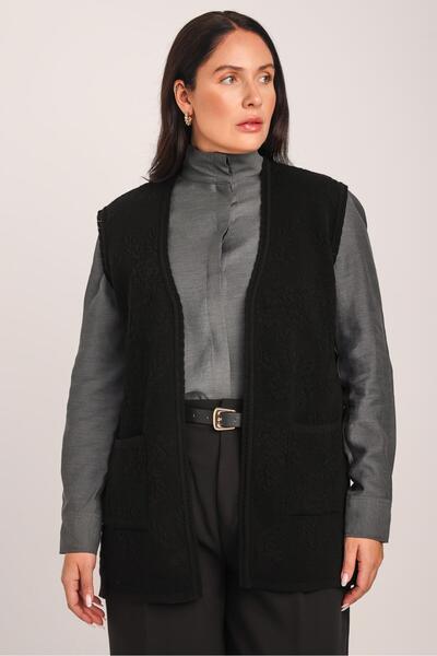 Uludağ Triko Women's Black Embossed Floral Patterned Pocketed Knitwear Knitted Mother Vest