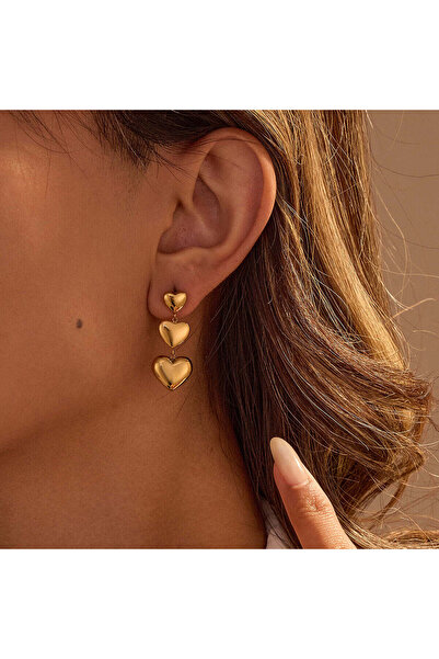 Just Pretty Corner 18K Gold Plated PVD Three Layers Long Heart Earrings for Women