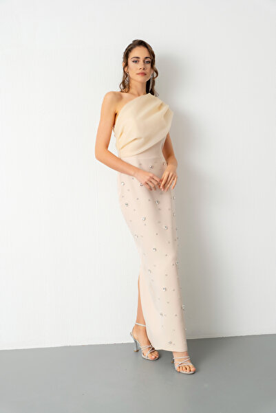 Lafaba Kadın Bej Tek Omuz Taşlı Söz Nişan Nikah Abiye Elbise