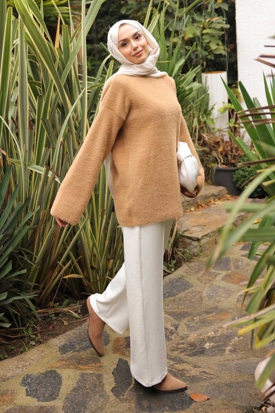 İmajButik Biscuit Mock Neck Angora Soft Knitwear Sweater