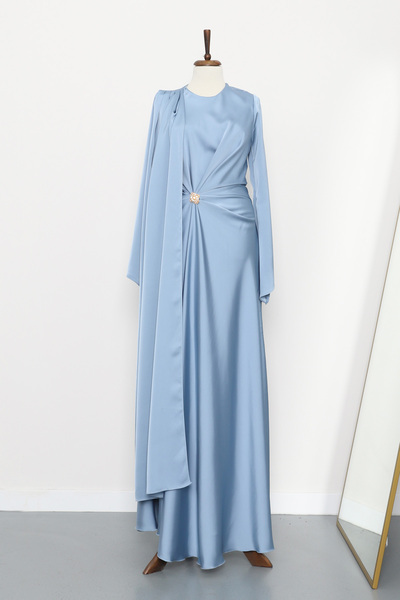 İmajButik Μπλε βρεφικό βραδινό φόρεμα ντραπέ σατέν με κάπα μπροστά