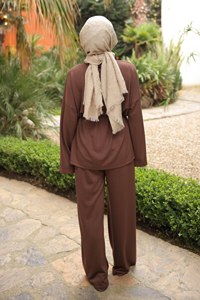 İmajButik Brown Waist-Tie Tunic with Trousers Modal Set