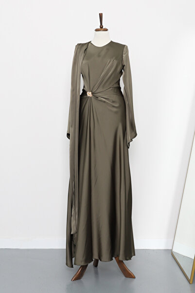 İmajButik Haki Önü Pelerinli Drapeli Saten Abiye