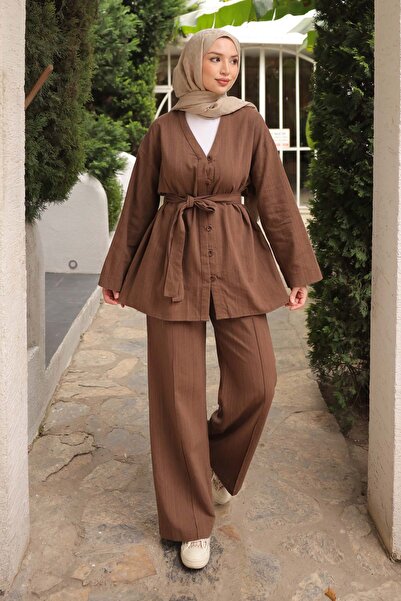 İmajButik Brown Waist Belted Linen Tunic Trouser Set