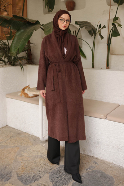 İmajButik Μακριά ζακέτα από ανγκόρα με καφέ ζώνη