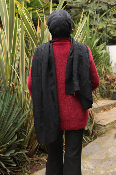 İmajButik Burgundy Mock Neck Angora Yumoş Knitwear Sweater