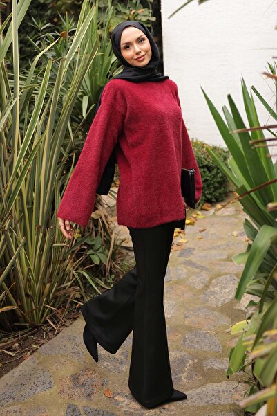 İmajButik Burgundy Mock Neck Angora Yumoş Knitwear Sweater