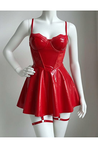 PASSIONE Parlak Kırmızı Jartiyerli Seksi Gecelik | Dantelli Vinil Fantezi Elbise - 21103