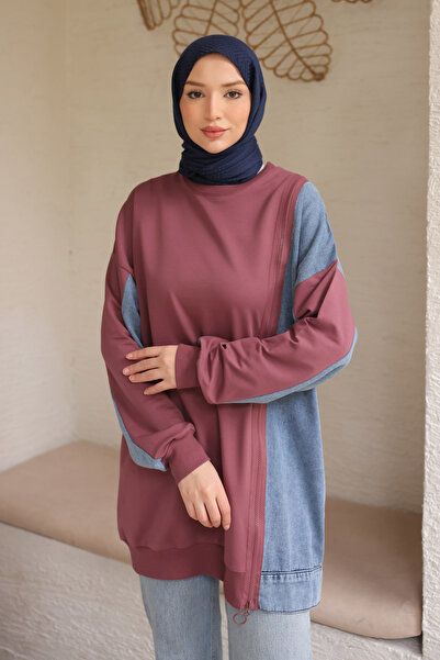 İmajButik Dusty Rose Denim Paneled Modal Tunic