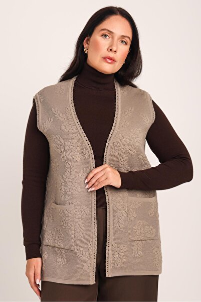 Uludağ Triko Women's Sand Embossed Floral Pattern Pocketed Knitwear Knitted Mother Vest