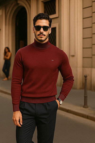 comstar Men's Casual Burgundy Half Turtleneck Sweater