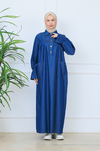 OKTAYUSTA COLLECTİON Robal Shirt Collar Wide Pockets Half Placket Buttoned Mevlana Jeans Dress