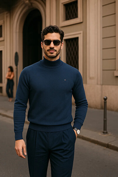 comstar Men's Casual Navy Blue Half Turtleneck Sweater